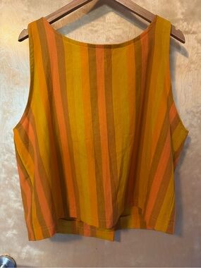 Women's vintage style homemade open back yellow orange striped boat neck tanktop